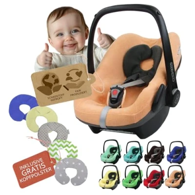 Abbildung von Frottee Sommerbezug [Schonbezug für Babyschale] Autositz kompatibel mit Maxi Cosi Pebble und Plus + GRATIS Kopfpolster (apricot)