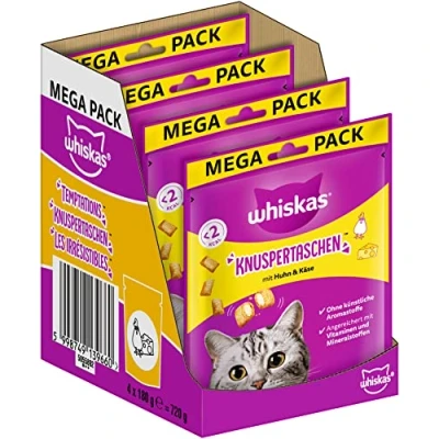 Abbildung von Whiskas Knuspertaschen Katzensnack mit Huhn &amp; Käsegeschmack, 4er Pack, 4x180g Katzenleckerlis für erwachsene Katzen