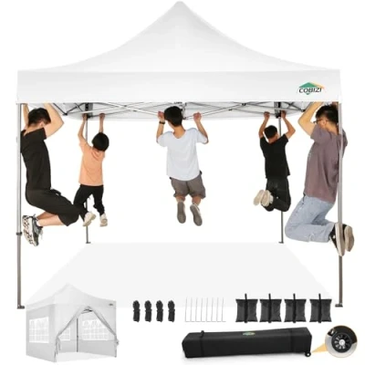 Abbildung von COBIZI pavillon 3x3 wasserdicht stabil Winterfest, faltpavillon Outdoor faltbar partyzelt，pop up klappbar gartenpavillon mit 4 Seitenteilen und Laufradtasche, Weiß（420D Oxford Plane）