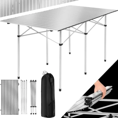 Abbildung von tectake® Campingtisch faltbar, Gartentisch mit klappbarem Aluminiumgestell, Falttisch, Klapptisch für Garten Terrasse Balkon Camping, wetterfest Tragetasche, 140 x 70 cm, Silber