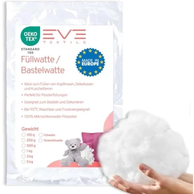 Abbildung von EVE Textile® Premium Füllwatte; Flauschiges Füllmaterial Kissenfüllung für Kissen, Stofftiere &amp; Basteln; Hochwertiges Stopfmaterial 100% Polyester; Waschbar bis 95C (Füllwatte, 100 Gramm)