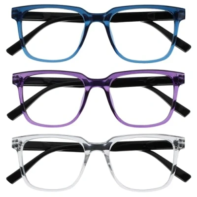 Abbildung von OPULIZE LEO Lesebrille 3er Pack Großes Rechteckiges Gestell Blau, Lila, Klar Herren Damen Federscharniere RRR55 35C +3.50