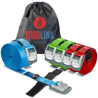 Abbildung von STURDLINK X6 Spanngurte 25mm 250 daN mit Nockenschnalle und Befestigung 2X [3m 4m 5m] + Tasche, für an Fahrradtüren, Kofferraum Dachgepäckträger, Auto, Anhänger, Umzug