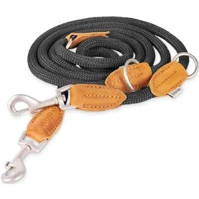 Abbildung von Rudelkönig Hundeleine 2,25m mit Leder, Elegante Führleine für große Hunde, Polyester (1 tlg), 3 fach verstellbare Tauleine
