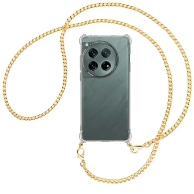 Abbildung von mtb more energy® Handykette kompatibel mit OnePlus 12 Metallkette (Gold) Smartphone Hülle zum Umhängen Anti Shock Full TPU Case