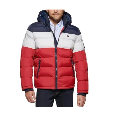 Abbildung von Tommy Hilfiger Herren Klassische Kapuzenjacke (Normale Größen) Daunenalternative Mantel, Midnight/White/Red, XXL Tall