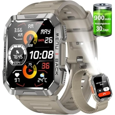 Abbildung von IOWODO Militär Smartwatch Herren,100 Tage Akku, LED Taschenlampe, Bluetooth Anrufe, Fitness Tracker,100+ Sportmodi, Herzfrequenz &amp;SPO₂ Monitor, IP68 Wasserdicht, Schlafüberwachung