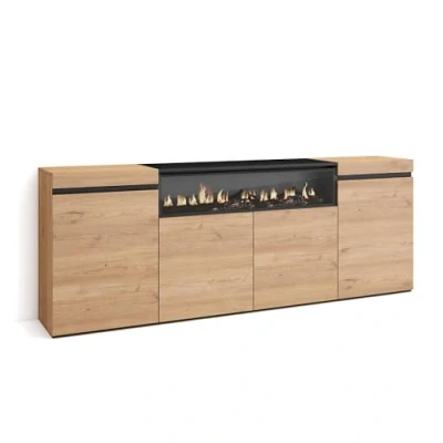 Abbildung von Skraut Home Sideboard, Highboard Kommode, Komodenschrank 200x75x35cm 4 Türen Elektrokamin. Maße Moderner Stil Eiche Schwarz