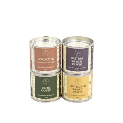 Abbildung von Vier Kaffeealternativen Set von LIEVIE. Koffeinfreie 400g EICHELKAFFEE, LÖWENZAHNWURZELKAFFEE, KLETTENWURZELKAFFEE und GEWÜRZTEE (neues Dosengewicht für Löwenzahnwurzelkaffee)