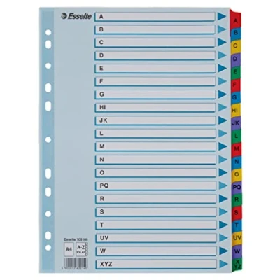 Abbildung von Esselte Register A4 A Z, robuster Karton mit Mylar verstärkten Reitern, blau/mehrfarbig