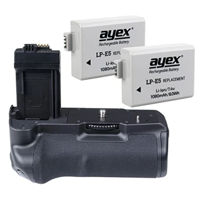 Abbildung von ayex Batteriegriff für Canon EOS 1000D 500D 450D ähnlich BG E5 inkl. 2X LP Akku 100% Kompatibilität Akkugriff optimal zum fotografieren im Hochformat