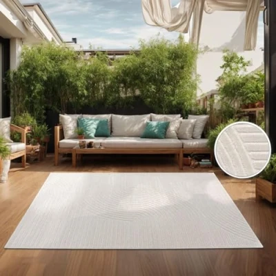 Abbildung von TT Home In &amp; Outdoorteppich Wetterfest Balkon Schlafzimmer Boho Skandi Motiv Unifarben, Farbe:Creme 2, Größe:80x250 cm