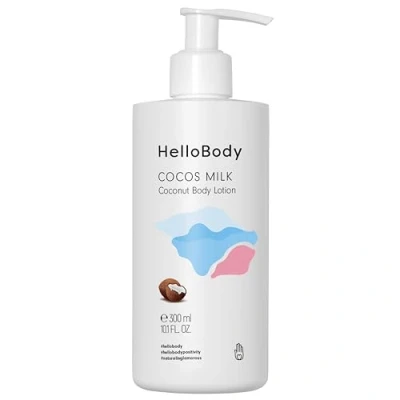 Abbildung von HelloBody Cocos Milk feuchtigkeitsspendende Body Lotion 300 ml Kokos Körperlotion mit Bio Kokosnussöl, Mango und Sheabutter Bodylotion für trockene Haut Natürliche Hautpflege