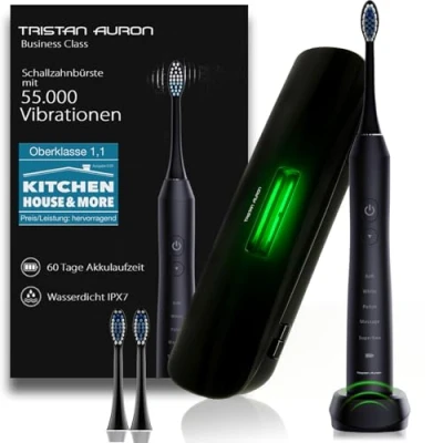 Abbildung von Tristan Auron Schallzahnbürste Business Class + UV Case 2x Köpfe I 55.000 Vibrationen 60 Tage Akku, Aufsteckbürsten: 2 St.