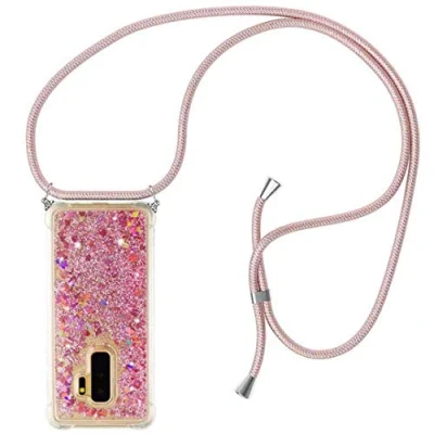 Abbildung von HongMan Handykette für Samsung Galaxy S9+/S9 Plus Glitzer Flüssig Bewegende Treibsand Handyhülle+Case mit Umhängeband Handykordel Schutzhülle Hülle Band Kette Hülle(Rosa)