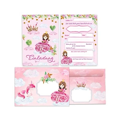Abbildung von Junapack 12 Einladungskarten incl. Umschläge zum Kindergeburtstag Mädchen Prinzessin mit Einhorn