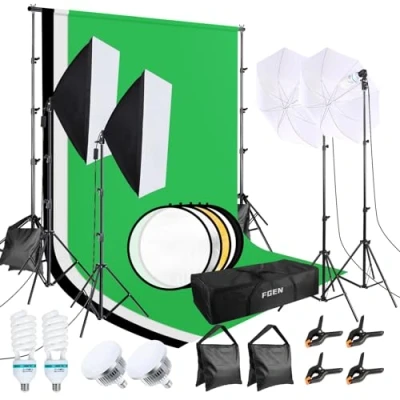 Abbildung von FGen Fotostudio Set, Baumwolle Greenscreen Set 2.6Mx3M Hintergrundsystem mit 135W CFL Fotolampe 85W LED Reflektor Fotoschirme Sandsack für Produkt Porträt Video Fotografie