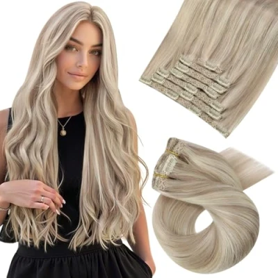 Abbildung von Moresoo Clip in Extensions Echthaar, Salon Qualität Weiches Glattes Haar 50 cm 7 Stück 120g #18/613 Aschblond mit Platinblond, Leicht zu Tragen Solide und Langlebig