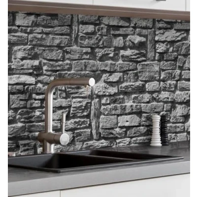 Abbildung von MyMaxxi Selbstklebende Küchenrückwand Folie ohne Bohren Motiv Ziegelwand Grau 60cm hoch Klebefolie Wandtattoo Wandbild Küche Wand Deko Steinwand Bruchstein Anthrazit 340 x