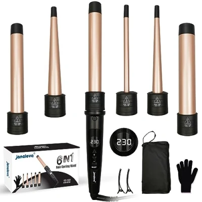 Abbildung von 9 32mm Lockenstab mit Verschiedenen Aufsätzen janelove 6 in 1 für Große Locken und Kleine Locken, 80C 230C Lockenstäb set Kurze Haare Handschuhe &amp; Nylontasche (Gold)