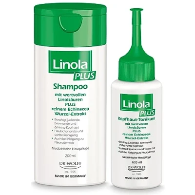 Abbildung von Linola PLUS Shampoo &amp; Kopfhaut Tonikum 200 ml + 100 Kopfhautpflege Set Bei juckender, brennender und gereizter Neigung zu Neurodermitis