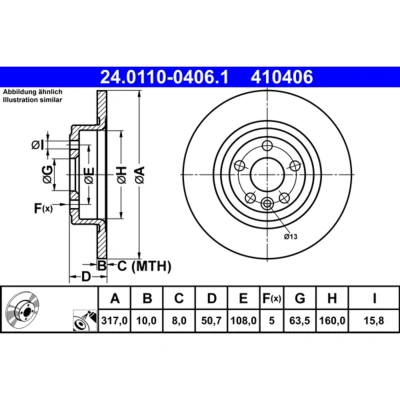 Abbildung von ATE 24.0110 0406.1 Bremsscheibe 317,0 10,0 5 108,0 voll beschichtet legiert/hochgekohlt LAND ROVER: Range Rover Evoque, Evoque Cabrio