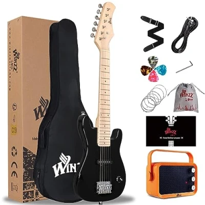 Abbildung von Winzz 30 Zoll Mini E Gitarre Kinder Ahorn Griffbrett Elektrische Anfänger Set für mit Verstärker (Schwarz)