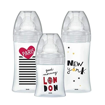 Abbildung von Dodie 3 x Anti Colic Sensation+ Glasfläschchen, 270 ml, 0 6 Monate, flacher Sauger, Durchfluss 2