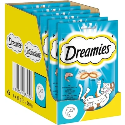 Abbildung von Dreamies Klassiker Katzensnacks mit Lachs Traumhaft knusprige Taschen zarter Füllung 6 x 60g