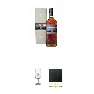Abbildung von Auchentoshan Three Wood Single Malt Whisky 0,7 Liter + Classic Nosing Glas mit Aufschrift 1 Schiefer Glasuntersetzer eckig ca. 9,5 cm Durchmesser
