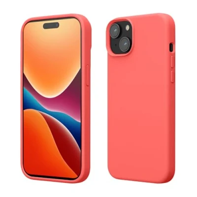 Abbildung von kwmobile Hülle für das iPhone 15 Plus Silikon Handy Case stoßfeste Handyhülle mit weicher Oberfläche Neon Koralle
