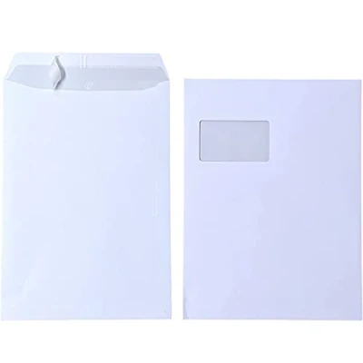 Abbildung von 100x Versandtasche C4 A4 weiß mit Fenster, selbstklebend Abziehstreifen, grauen Innendruck, 120 g/qm, Maße 229 x 324 mm Umschläge Kuvert