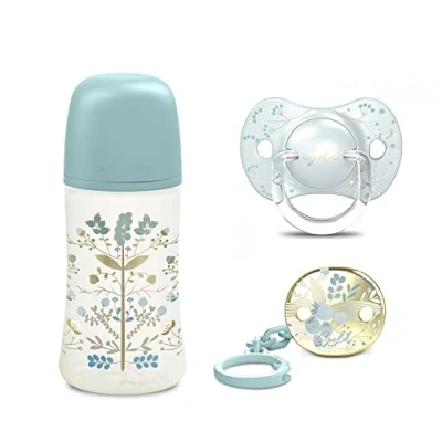 Abbildung von Suavinex Gold Edition Geschenkset, Flasche 270 ml, Schnuller 0 6 M und Clip, hellblau