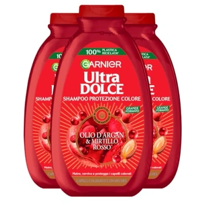 Abbildung von Garnier Ultra süßes Farbschutz Shampoo für coloriertes Haar oder mit Meches Arganöl und Cranberry, nährend, schützend, Extrakten natürlichen Ursprungs 3 Flaschen à 400 ml