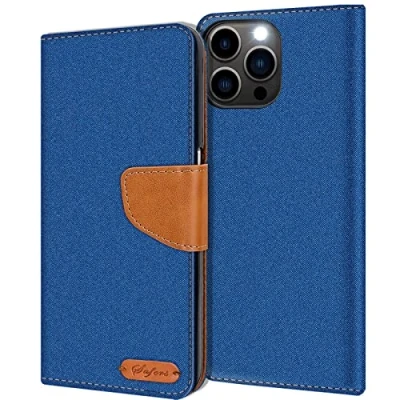 Abbildung von Verco kompatibel mit Apple iPhone 15 Pro Hülle, Schutzhülle für Tasche Denim Textil Book Case Flip Klapphülle, Blau