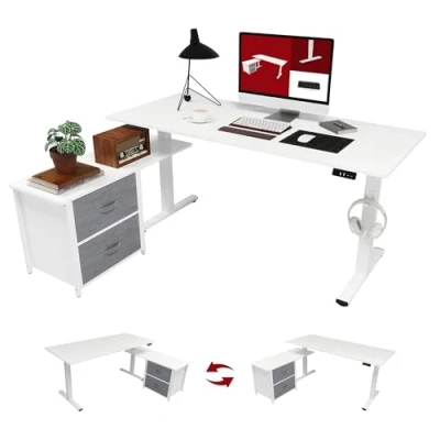 Abbildung von SANODESK Höhenverstellbarer Schreibtisch elektrisch höhenverstellbar, L förmig mit Schubladen&amp;Stauraum umkehrbar, ergonomischer Steh Sitz Tisch 160 x 70 cm Weiss