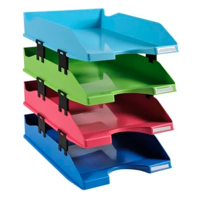 Abbildung von Exacompta 1131928SETD 4er Pack Premium Briefablage Combo Midi 1928 DIN A4 inkusive Distanzstücke. Ideale Briefkörbe für Ihre Organisation. Stapelbare Ablagekörbe Blauer Engel farbig sortiert matt
