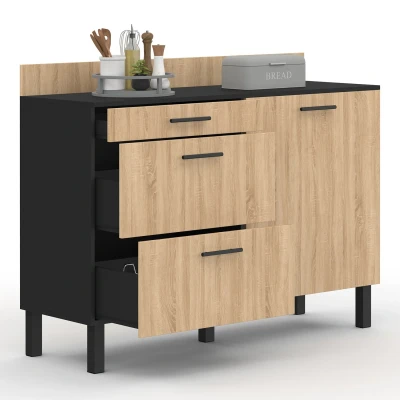 Abbildung von Küchenbuffet 120 cm Frontauszug CINA Arbeitsplatte H.83 1 Tür + 3 Schubladen schwarz und Buchenholzoptik IDMarket