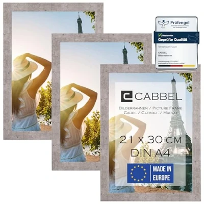 Abbildung von CABBEL 3er Set Bilderrahmen DIN A4 21x30 MDF Holz Rahmen mit bruchsicherem Acrylglas, ideal für Collagen, Portraits &amp; Urkunden in Grau/Beton