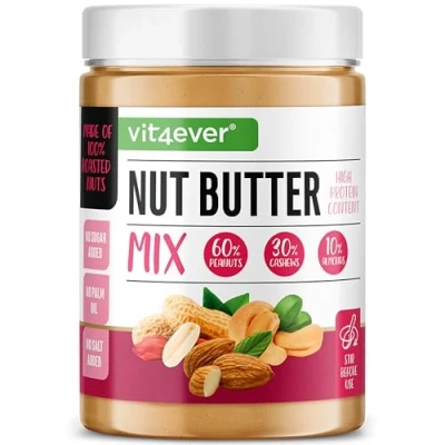 Abbildung von Nussbutter Mix Smooth mit Erdnüssen, Cashews &amp; Mandeln 1kg natürliche Peanutbutter Hoher Proteingehalt Erdnussbutter ohne Zusätze von Salz, Öl oder Palmfett Vegan