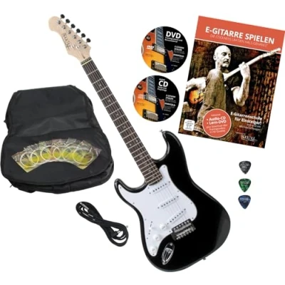 Abbildung von Rocktile Pro ST3 BK/RW L Linkshänder E Gitarre Black + Zubehör (Gitarre Gigbag Tasche, Kabel, Plektren, Schule mit CD &amp; DVD, Gitarrensaiten)