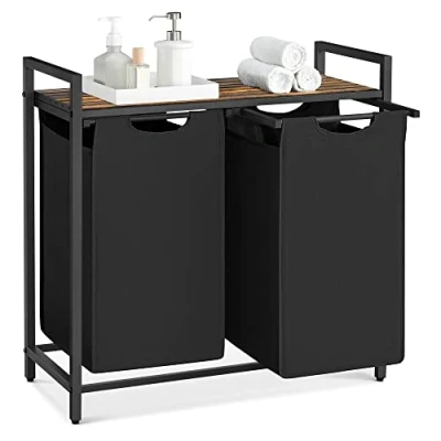 Abbildung von VASAGLE Wäschekorb 2 Fächer, Wäschesammler mit Ablage, Wäschebox, Wäschesack aus Oxford Gewebe ausziehbar abnehmbar, Metallrahmen, x 46 L, 73 33 72 cm, vintagebraun schwarz BLH201B01