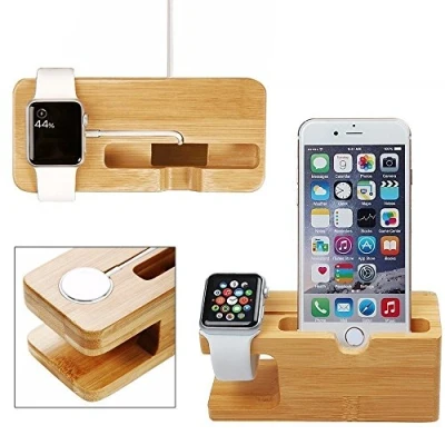 Abbildung von XPhonew Bambus Ladestand Aufladung Docking Station/Cradle/Halter/Ladegerät Stand/Handy Halterung für iPhone 14 13 12 11 Por Max XS XR X Apple Watch 2 3 4 iWatch Samsung Smartphones