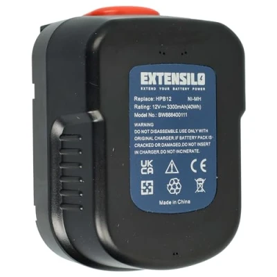 Abbildung von EXTENSILO Akku kompatibel mit Black &amp; Decker HP122K, HP122KD, HP126F2B, HP126F2K, HP126F3B Elektrowerkzeug (3300 mAh, NiMH, 12 V)
