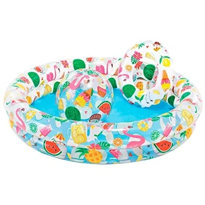 Abbildung von Intex 59460NP Aufblasbares Pool Set mit Schwimmring und Ball, Musterdruck, Vinyl, Mehrfarbig, 122x25 cm