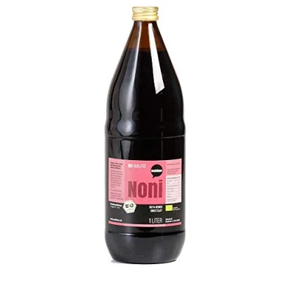 Abbildung von 6 Flaschen a 1l Noni Frischpflanzensaftsaft in Bio Qualität, 100% Direktsaft der Glasflasche