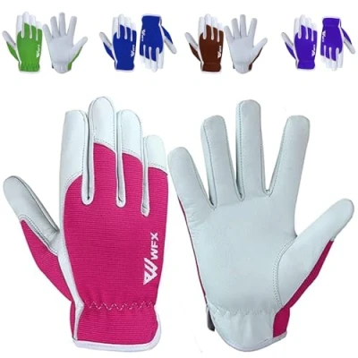 Abbildung von WFX Leder Arbeitshandschuhe für Gartenarbeiten, atmungsaktiv, dornensicher, Handflächenbau, strapazierfähig, Gartenhandschuhe, Damen und Herren, Gripper Utility (Rosa, L)