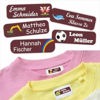 Abbildung von Indigos UG Namensschilder für Kleidung braun 35x10mm 60 Stück Namensaufkleber Kinder Schule &amp; Gegenstände, Kindergarten, KITA Wäscheetiketten selbstklebend