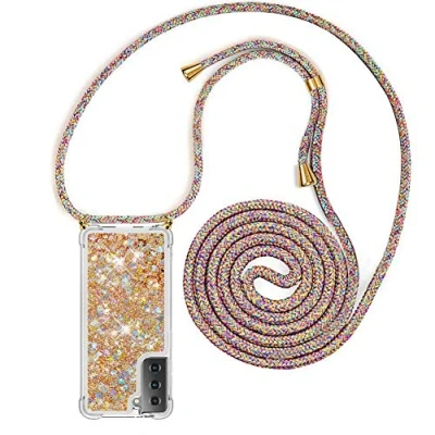 Abbildung von YuhooTech Handykette Hülle Kompatibel mit Samsung Galaxy S21 5G Quicksand Glitzer Band Silikon Handyhülle Kordel Umhängenband Schnur Treibsand Case zum Umhängen