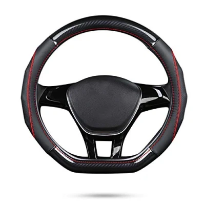 Abbildung von Ergocar Auto Lenkradbezug Rutschfester Lenkradschutz D Form Kohlefaser &amp; Erste Schicht Rindsleder für Durchmesser 38cm (15 &quot;) (D Schwarz Rot)